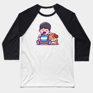 Cute Boy Eating Lollipop With Dog Eating Bone Baseball T-Shirt